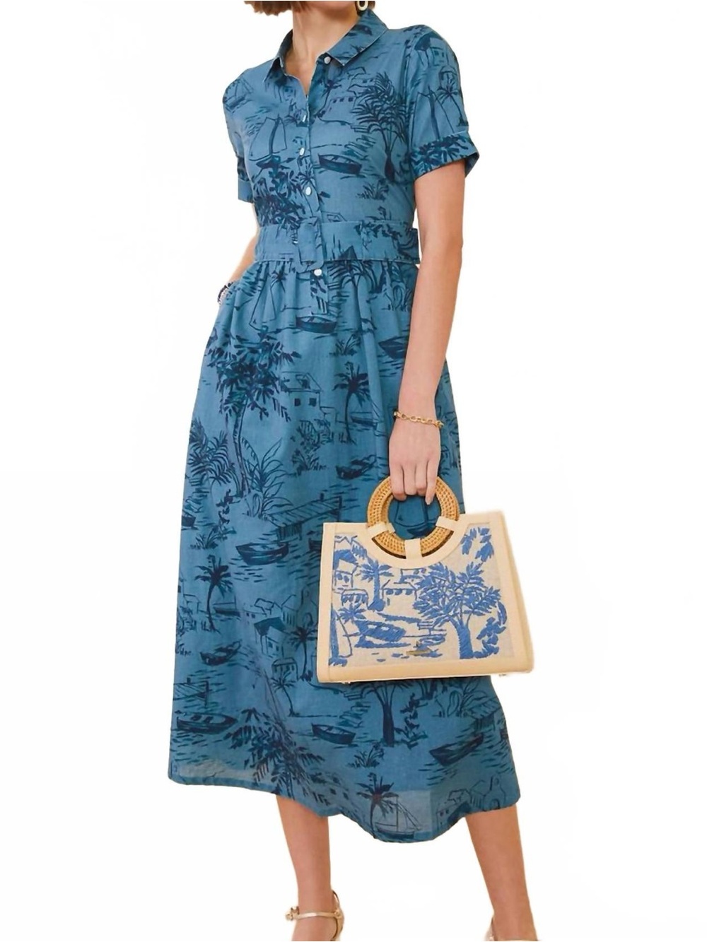 Village Scene Novelty Shirtwaist Matching Belt Blue Island Printed Midi Dress S